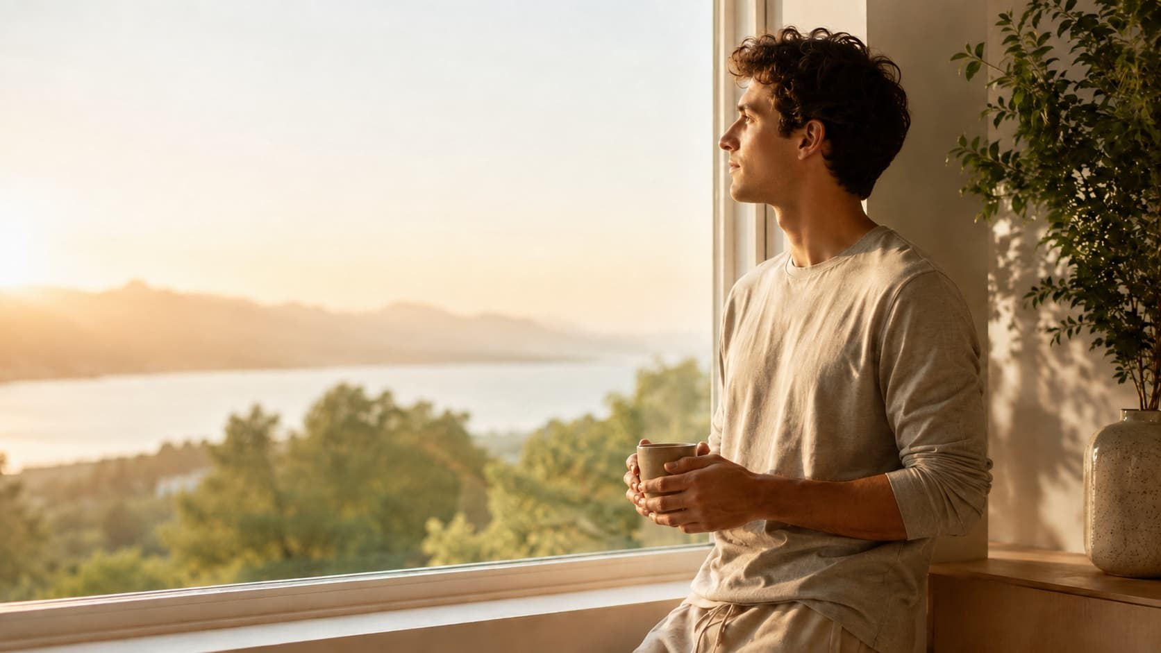 Person am Fenster im warmen Morgenlicht