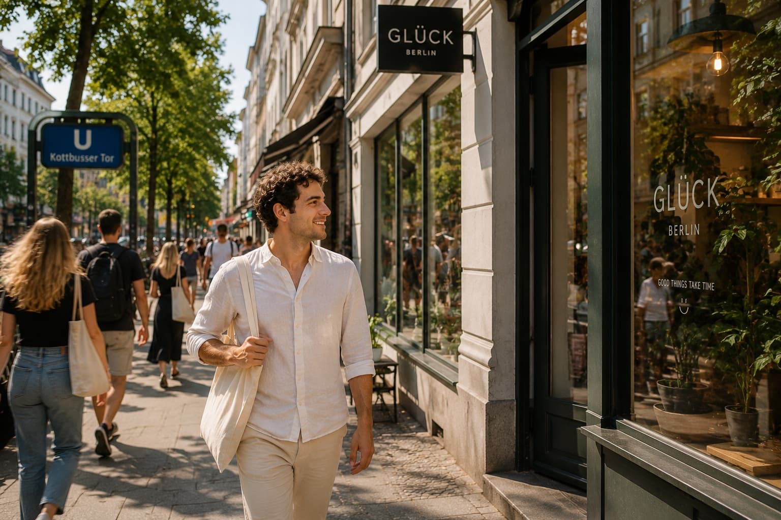 Mann geht entspannt durch eine sonnige Berliner Straße