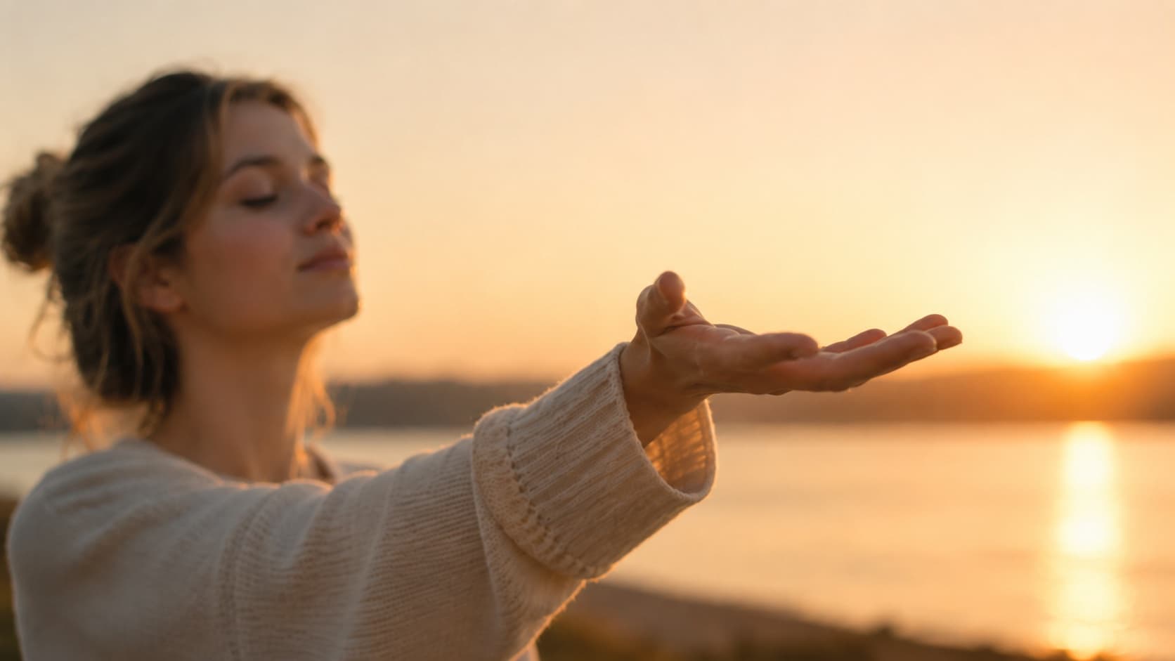 Frau öffnet die Hand im Gegenlicht des Sonnenuntergangs