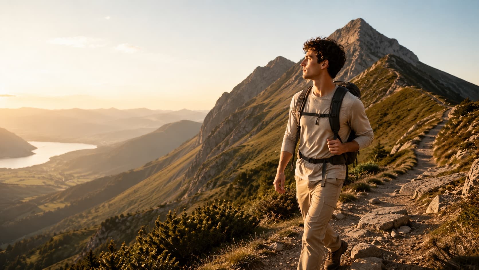 Wanderer auf einem Bergpfad über dem See