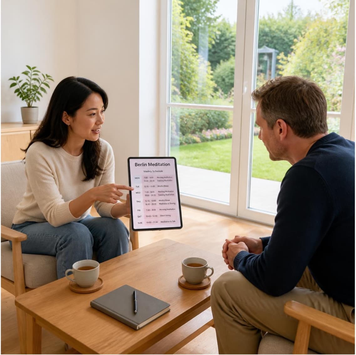 Zwei Personen sehen sich gemeinsam den Wochenplan auf einem Tablet an