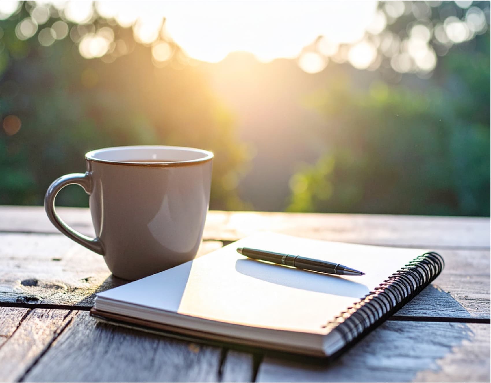 Tasse Kaffee und ein offenes Notizbuch auf einem Holztisch im Morgenlicht