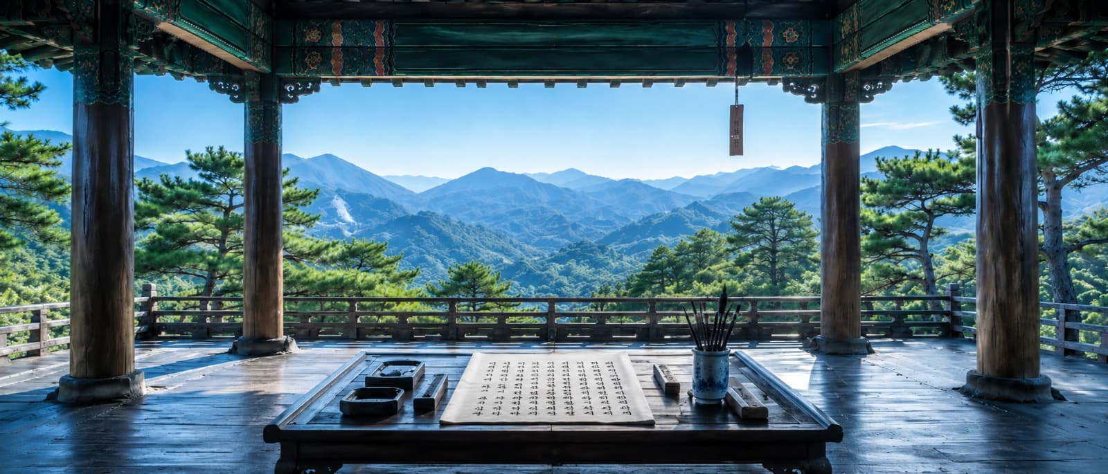 Blick aus einem koreanischen Pavillon über bewaldete Berge, davor ein niedriger Tisch mit Kalligrafie